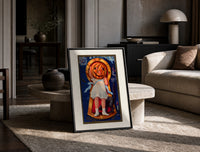 Girl with jack-o'-lantern pumpkin head print in a black frame leaning on a travertine table in a sunlit lounge