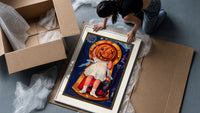 Girl with jack-o'-lantern pumpkin head framed print being unpacked from protective bubble wrap and a box
