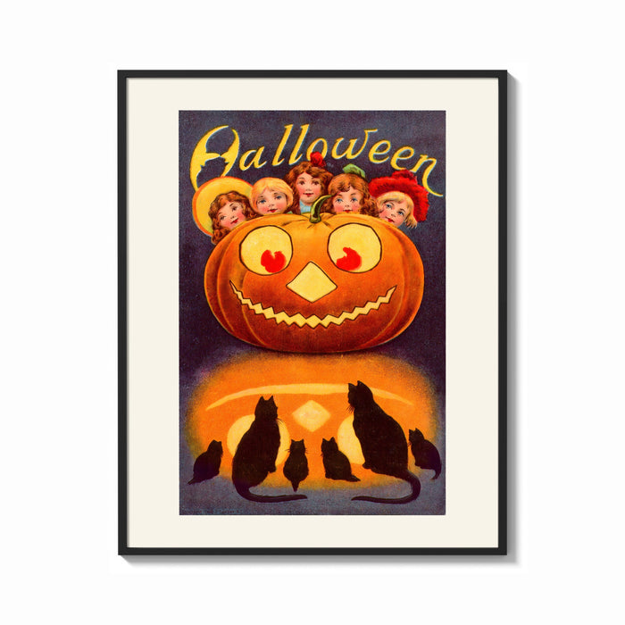Framed Vintage jack-o'-lantern with children's faces print shown as a bold statement piece on a clean gallery wall