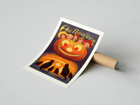 Rolled Vintage jack-o'-lantern with children's faces poster beside its crush-resistant kraft shipping tube