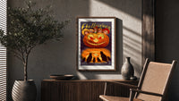 Vintage jack-o'-lantern with children's faces poster framed above a fluted sideboard beside an olive tree