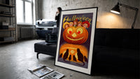 Vintage jack-o'-lantern with children's faces print in a slim black frame leaning on a dark sofa in a concrete print studio