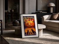 Vintage jack-o'-lantern with children's faces print in a black frame leaning on a travertine table in a sunlit lounge