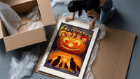 Vintage jack-o'-lantern with children's faces framed print being unpacked from protective bubble wrap and a box