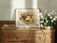 Vintage Halloween vegetable characters in car print in an oak frame on a farmhouse dresser beside white tulips