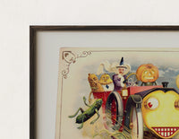 Close-up of the Vintage Halloween vegetable characters in car print's dark wood frame corner and archival matte paper