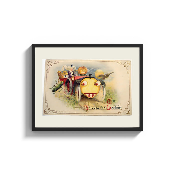 Framed Vintage Halloween vegetable characters in car print shown as a wide statement piece on a clean white wall