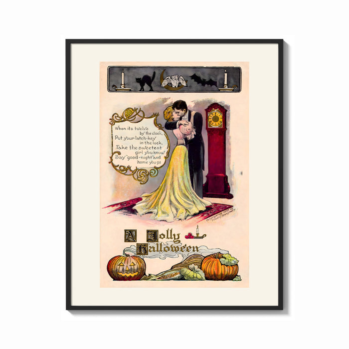 Framed Couple embracing beside grandfather clock print shown as a bold statement piece on a clean gallery wall