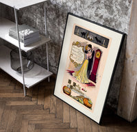 Couple embracing beside grandfather clock poster in a black frame leaning beside a shelf in a raw-plaster loft