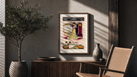Couple embracing beside grandfather clock poster framed above a fluted sideboard beside an olive tree