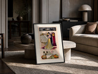 Couple embracing beside grandfather clock print in a black frame leaning on a travertine table in a sunlit lounge