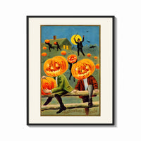Framed Pumpkin-headed men in vintage suits print shown as a bold statement piece on a clean gallery wall