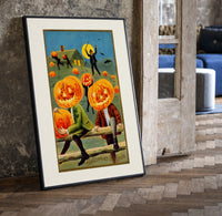 Pumpkin-headed men in vintage suits print in a black frame leaning beside a vintage door on parquet