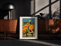 Black-framed Pumpkin-headed men in vintage suits print on a moody console with designer coffee-table books