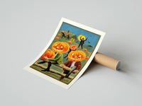 Rolled Pumpkin-headed men in vintage suits poster beside its crush-resistant kraft shipping tube