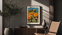 Pumpkin-headed men in vintage suits poster framed above a fluted sideboard beside an olive tree