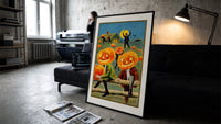 Pumpkin-headed men in vintage suits print in a slim black frame leaning on a dark sofa in a concrete print studio