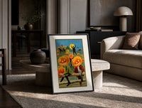 Pumpkin-headed men in vintage suits print in a black frame leaning on a travertine table in a sunlit lounge