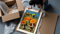 Pumpkin-headed men in vintage suits framed print being unpacked from protective bubble wrap and a box