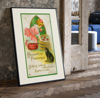 Girl bobbing for apples with cat print in a black frame leaning beside a vintage door on parquet