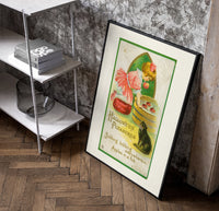 Girl bobbing for apples with cat poster in a black frame leaning beside a shelf in a raw-plaster loft