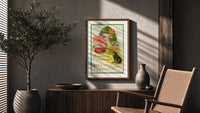 Girl bobbing for apples with cat poster framed above a fluted sideboard beside an olive tree