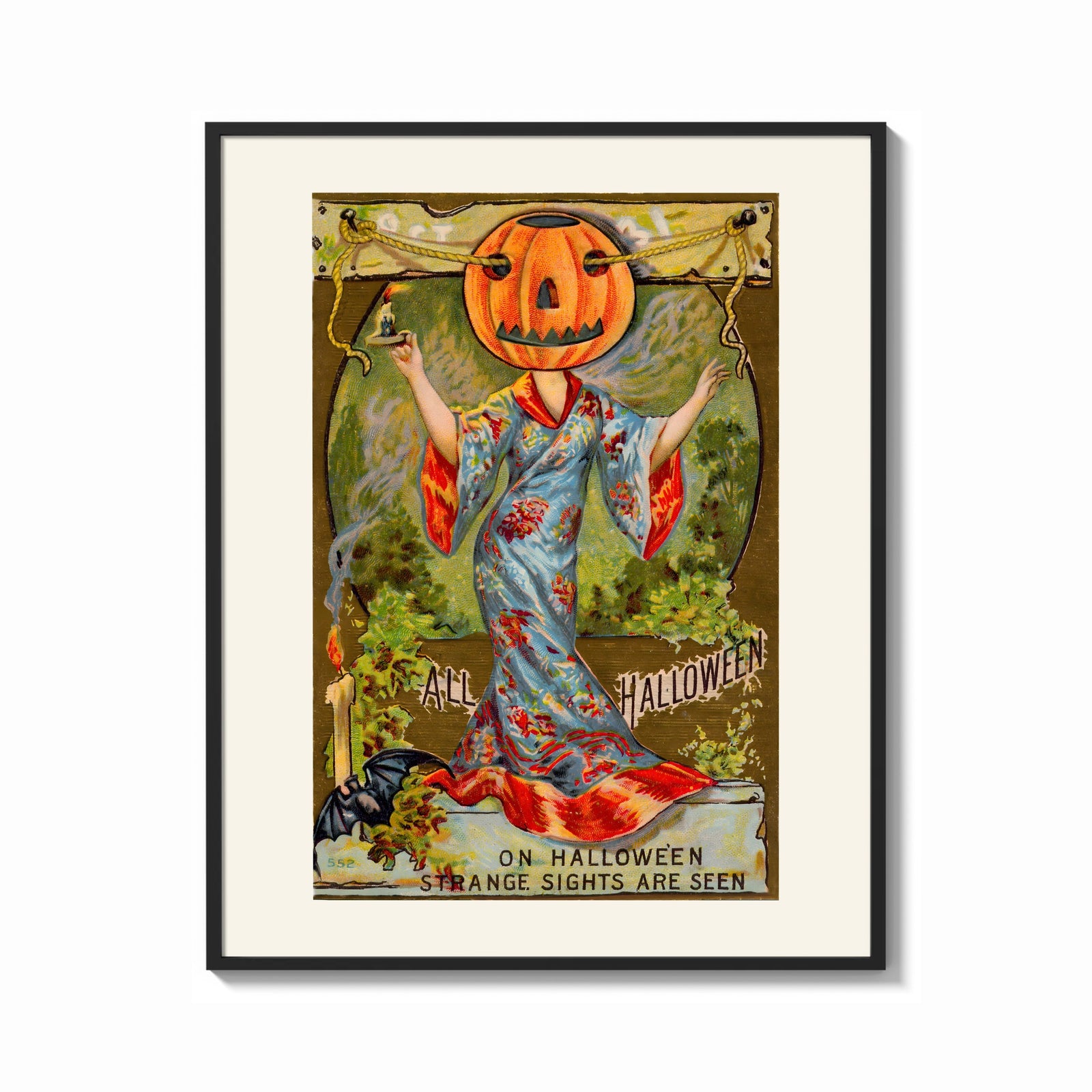 Framed Pumpkin-headed woman in kimono print shown as a bold statement piece on a clean gallery wall