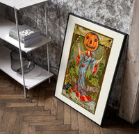 Pumpkin-headed woman in kimono poster in a black frame leaning beside a shelf in a raw-plaster loft