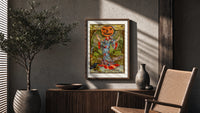 Pumpkin-headed woman in kimono poster framed above a fluted sideboard beside an olive tree