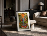 Pumpkin-headed woman in kimono print in a black frame leaning on a travertine table in a sunlit lounge
