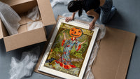 Pumpkin-headed woman in kimono framed print being unpacked from protective bubble wrap and a box
