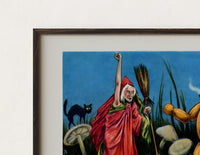 Close-up of the Witch and pumpkin man walking print's dark wood frame corner and archival matte paper