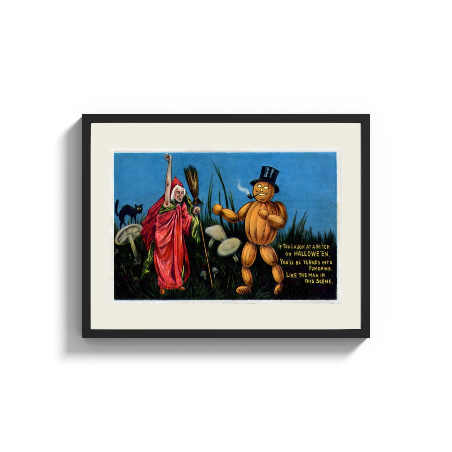 Framed Witch and pumpkin man walking print shown as a wide statement piece on a clean white wall
