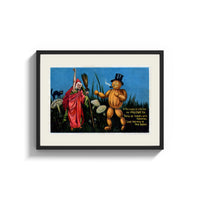 Framed Witch and pumpkin man walking print shown as a wide statement piece on a clean white wall