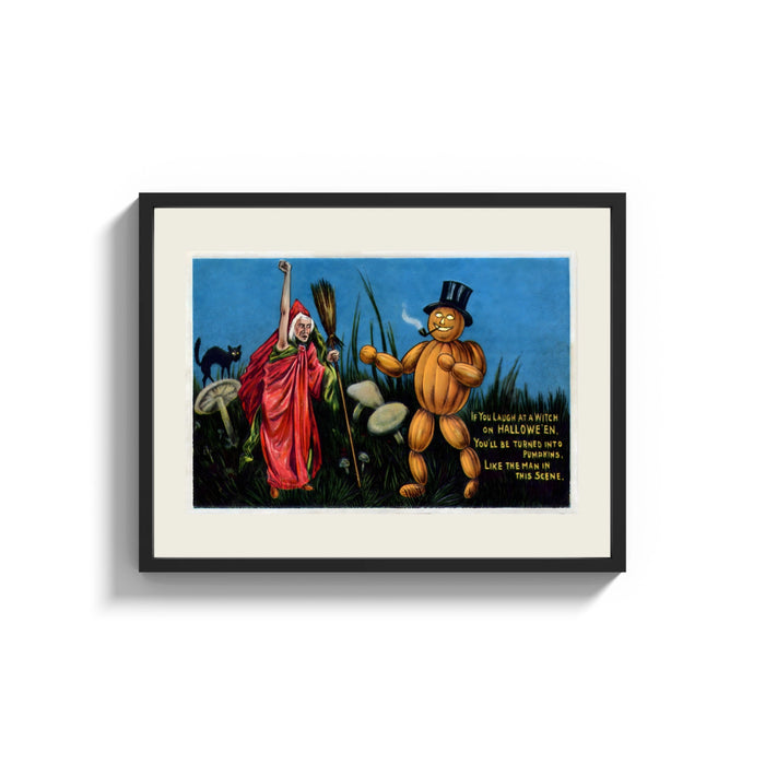 Framed Witch and pumpkin man walking print shown as a wide statement piece on a clean white wall
