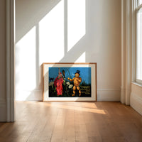 Witch and pumpkin man walking print in an oak frame on a sunlit wood floor beneath tall window light