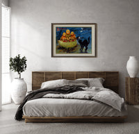 Anthropomorphic pumpkin heads and black cat print in a dark wood frame above a rattan bed on a plaster wall