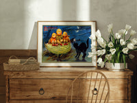 Anthropomorphic pumpkin heads and black cat print in an oak frame on a farmhouse dresser beside white tulips