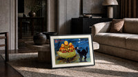 Anthropomorphic pumpkin heads and black cat print in a slim black frame leaning on a travertine coffee table
