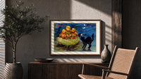 Anthropomorphic pumpkin heads and black cat print in a wood frame above a fluted sideboard beside an olive tree