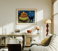 Anthropomorphic pumpkin heads and black cat print in an oak frame above a mid-century book console with a vintage radio