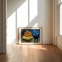Anthropomorphic pumpkin heads and black cat print in an oak frame on a sunlit wood floor beneath tall window light