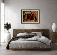 Halloween parade of jack-o-lantern figures print in a dark wood frame above a rattan bed on a plaster wall