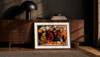 Halloween parade of jack-o-lantern figures print in a black frame leaning against a walnut console in lamplight