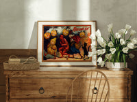Halloween parade of jack-o-lantern figures print in an oak frame on a farmhouse dresser beside white tulips
