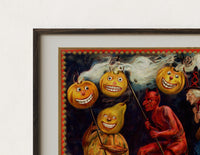 Close-up of the Halloween parade of jack-o-lantern figures print's dark wood frame corner and archival matte paper
