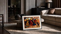 Halloween parade of jack-o-lantern figures print in a slim black frame leaning on a travertine coffee table