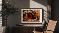 Halloween parade of jack-o-lantern figures print in a wood frame above a fluted sideboard beside an olive tree