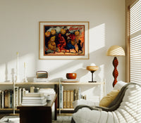 Halloween parade of jack-o-lantern figures print in an oak frame above a mid-century book console with a vintage radio