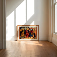 Halloween parade of jack-o-lantern figures print in an oak frame on a sunlit wood floor beneath tall window light